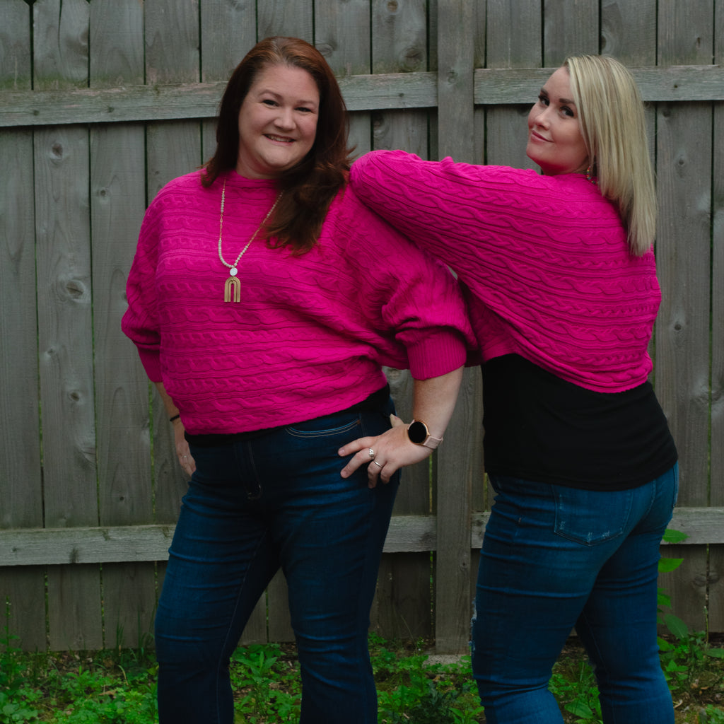 Hot Pink Crossed Reversible Cable Knit Sweater