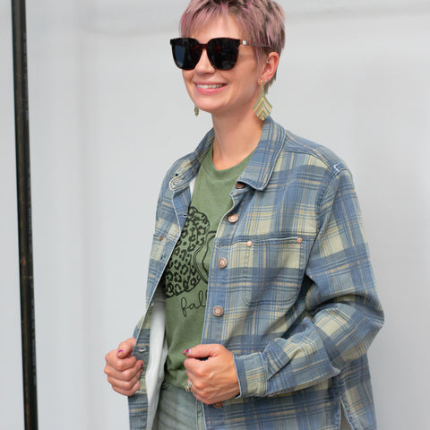 Judy Blue Vintage  Plaid Printed Denim Shacket
