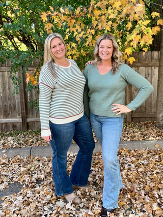 Dark Sage Striped Crew Neck Pullover