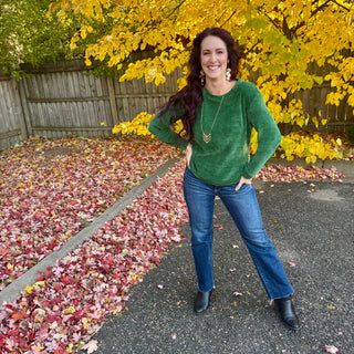 Dark Green Round Neck Waffle Knit Sweater