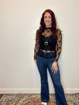 Black Long Sleeve Sheer Lace Top