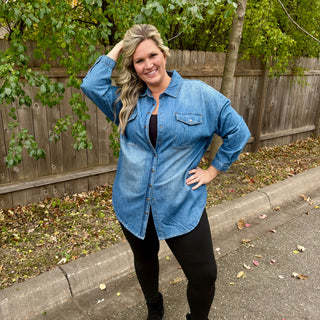 Risen Medium Wash Oversized Denim Shirt