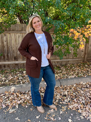 Chocolate Waffle Knit Open Cardigan Sweater