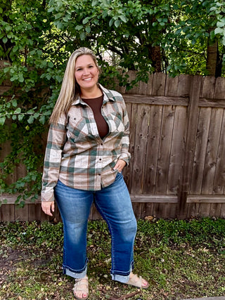 Cream, Tan, Green Stretch Plaid Button Up
