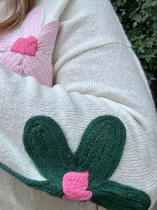 Cream Knit Sweater with Multi Color Crochet Floral