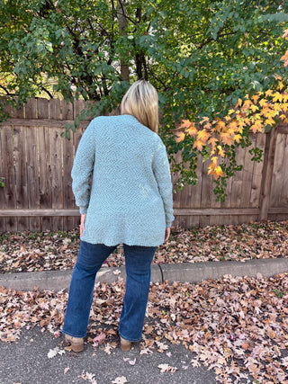 Blue Grey Long Sleeve Popcorn Sweater Cardigan with Pockets