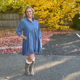Chambray 3/4 Sleeve Button Up Dress