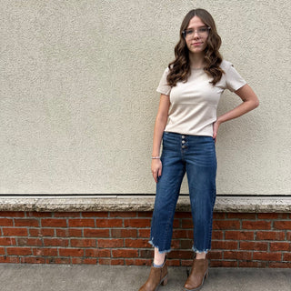 Judy Blue High Waisted Button Fly Cropped Wide Leg with Distressed Hem