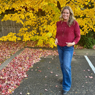 Dark Burgundy Round Neck Waffle Knit Sweater