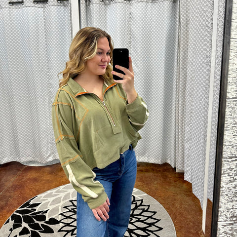 Olive Green Quarter Zip Cropped Long Sleeve