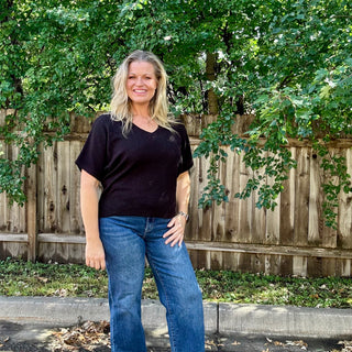 Black Short Sleeve V-Neck Dolman Sweater