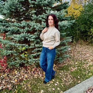 Beige Mock Neck Exposed Seam Sweater