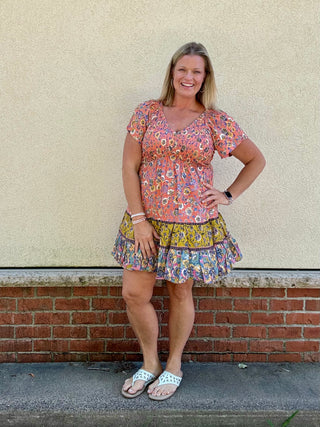 Short Sleeve Floral Smocked Bodice Dress