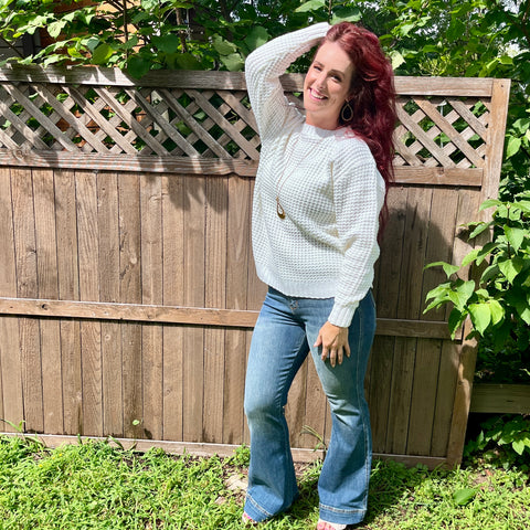 Ivory Long Sleeve Round Neck Waffle Knit Sweater