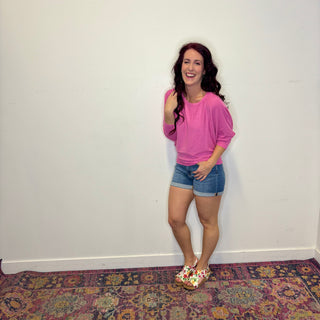 Pink Ribbed 3/4 Sleeve Dolman Top
