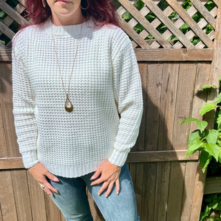 Ivory Long Sleeve Round Neck Waffle Knit Sweater