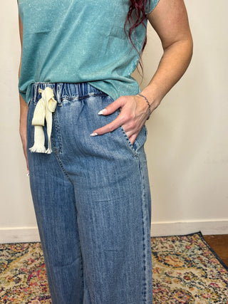 Wide Leg Denim Drawstring Pants