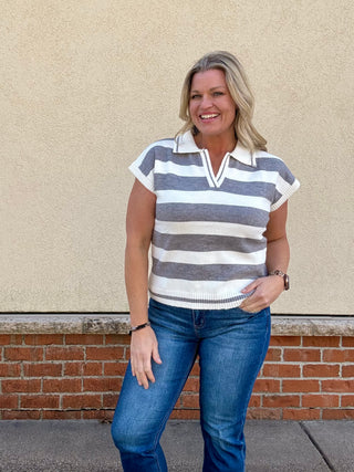 Grey Striped Collared Short Sleeve Sweater