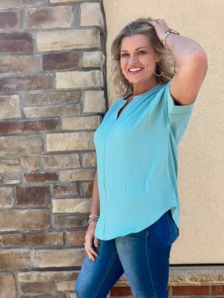 Dusty Teal Woven Airflow Short Sleeve Split Neck Top