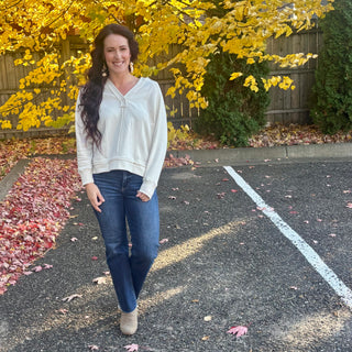 Cream Hooded V-Neck Long Sleeve