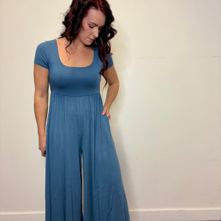 Dusty Blue Double Layered Short Sleeve Jumpsuit