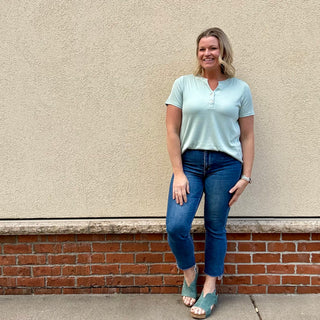 Mint Ribbed Double Button Split Neck Top