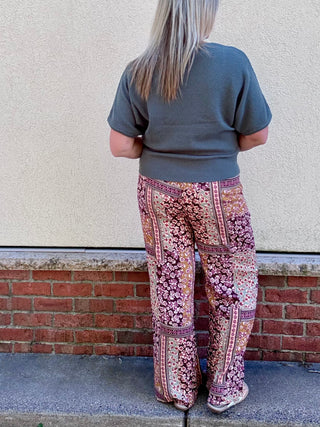 Printed Wide Leg Pant with Floral Color Block Print