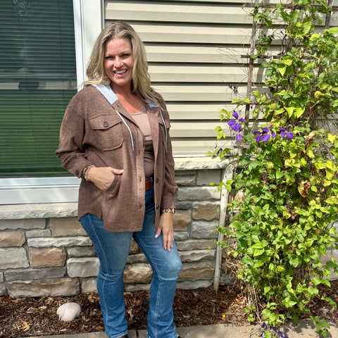 Brown Ribbed Hooded Shacket