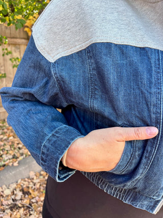 Risen Dark Denim Bomber Jacket with Gray Contrast Hoodie Top