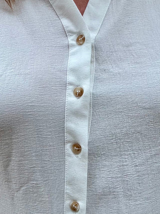 White Cuffed Short Sleeve Air Flow Split Neck Button Down Top
