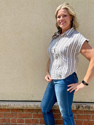 Stripe Collared Half Button Short Sleeve