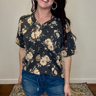 Charcoal Floral Ribbed Top