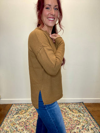 Deep Camel 4 Button Henley Sweater