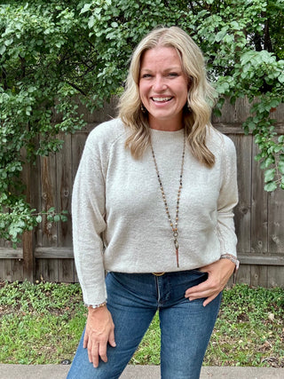 Oatmeal Oversized Crewneck Sweater with Ribbed Contrast Details