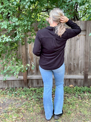 Black Stretch Solid Button Up