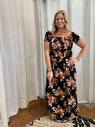 Floral Smocked Off the Shoulder Maxi Dress