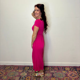 Hot Pink Double Layered Short Sleeve Jumpsuit