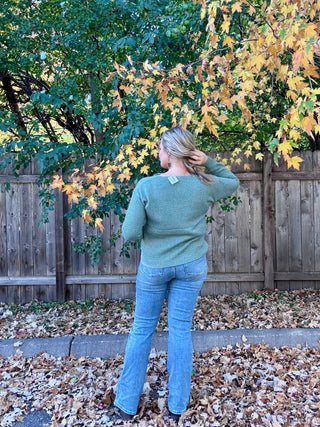 Dark Sage Textured V-Neck Pullover Sweater