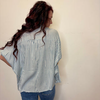Oversized Teal Striped Button Down Short Sleeve