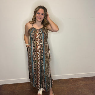 Teal/Brown Aztec Print Wide Leg Jumpsuit
