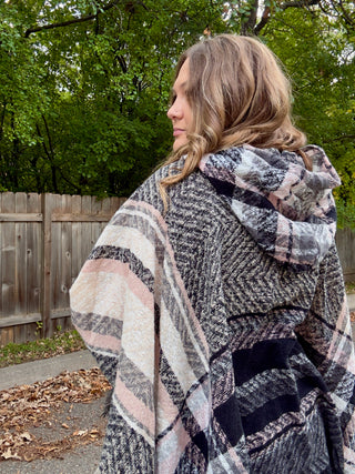 Black, Cream, Blush Plaid Hooded Poncho