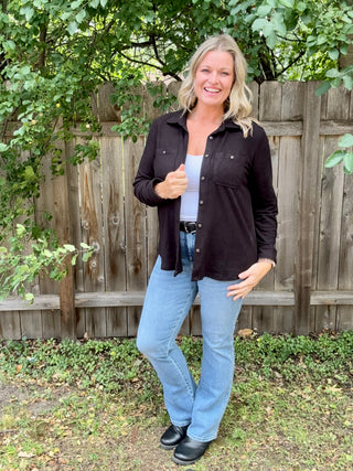 Black Stretch Solid Button Up