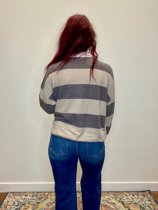 Gray/Cream Striped Hacci Polo Sweater