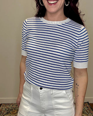 Navy Pointelle Striped Short Sleeve Sweater