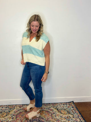 Split Neck Sleeveless Stripe Sweater