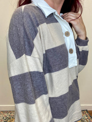 Gray/Cream Striped Hacci Polo Sweater