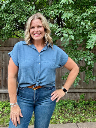 Dusty Blue Woven Airflow Button Up