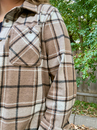 Light Brown, White, Black Stretch Plaid Button Up