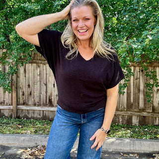 Black Short Sleeve V-Neck Dolman Sweater