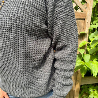Charcoal Long Sleeve Round Neck Waffle Knit Sweater